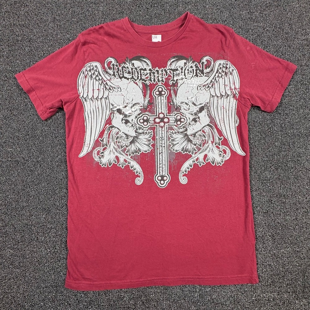 Redemption Graphic T-Shirt Mens Small Burgundy Red Skull Cross Affliction Style